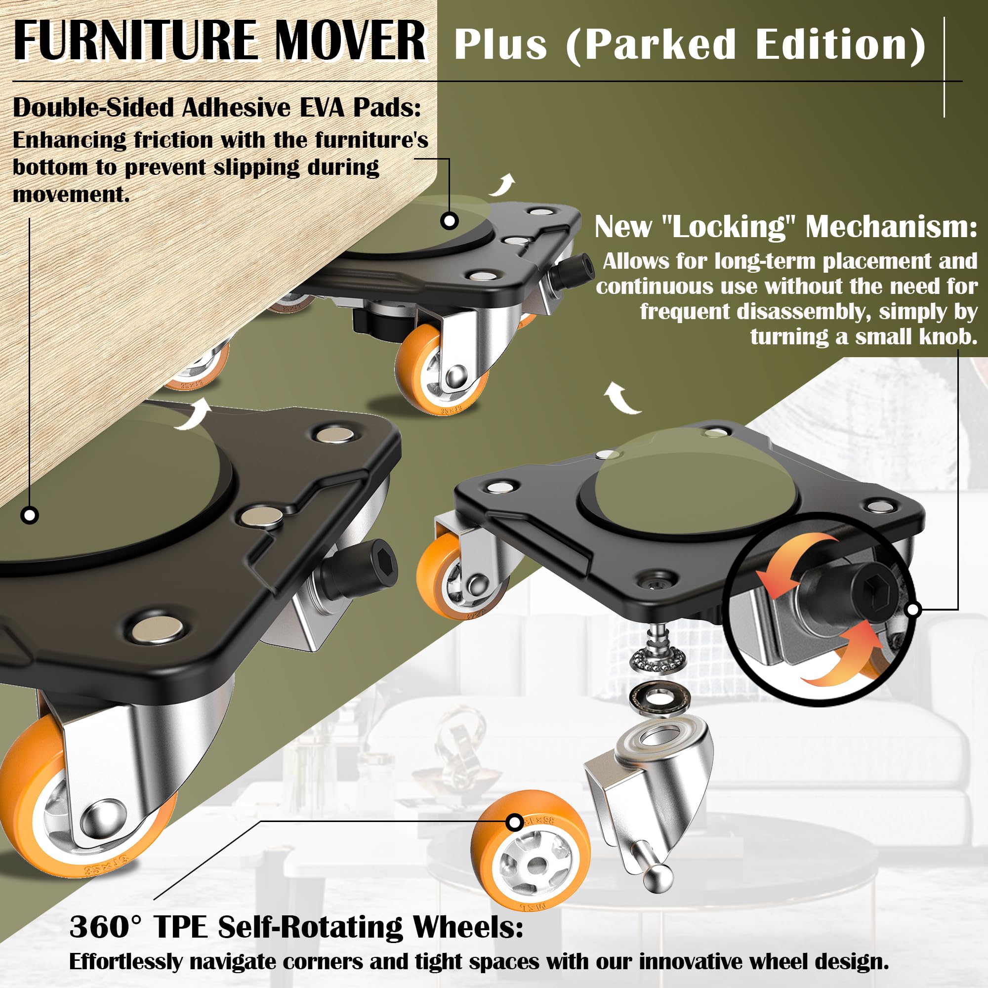 ONEON Furniture Mover Plus Parked Edition with Furniture Lifter, Periodic Moving Needs, Parking Lock Design, Lock Dollies for Long-Term Stability of Heavy Items, No Frequent Setup & Removal