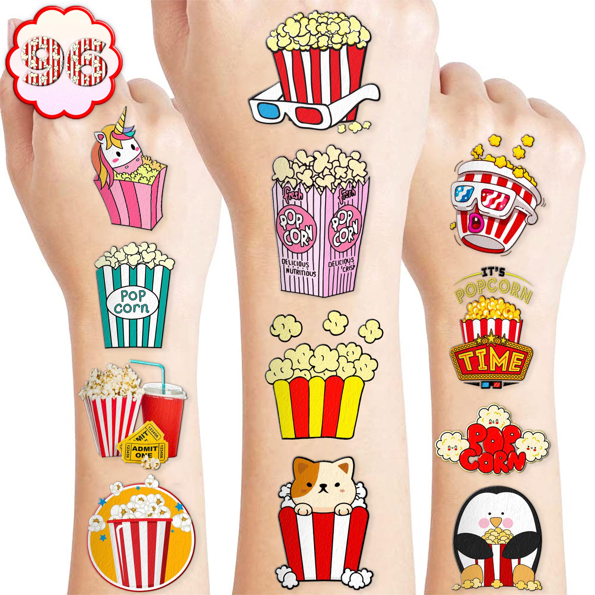 100 PCS Popcorn Corn Movie Night Themed Temporary Tattoos Birthday Party Decorations Favors Supplies Cute Circus Fake Tattoo Stickers Party Gifts for Children Girls Boys Home Activity School Rewards