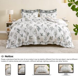 Simple&Opulence 100% Cotton Duvet Cover Set King Size, 3Pcs White Floral Botanical Printed Comforter Cover Set with Button Closure, Soft Breathable Bedding with Linen Trim for All Seasons