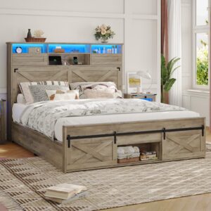 hasuit farmhouse bed frame queen size with led lights and charging station, 51.4" high headboard with storage shelves and rustic country queen bed with sliding barn door storage footboard, rustic oak