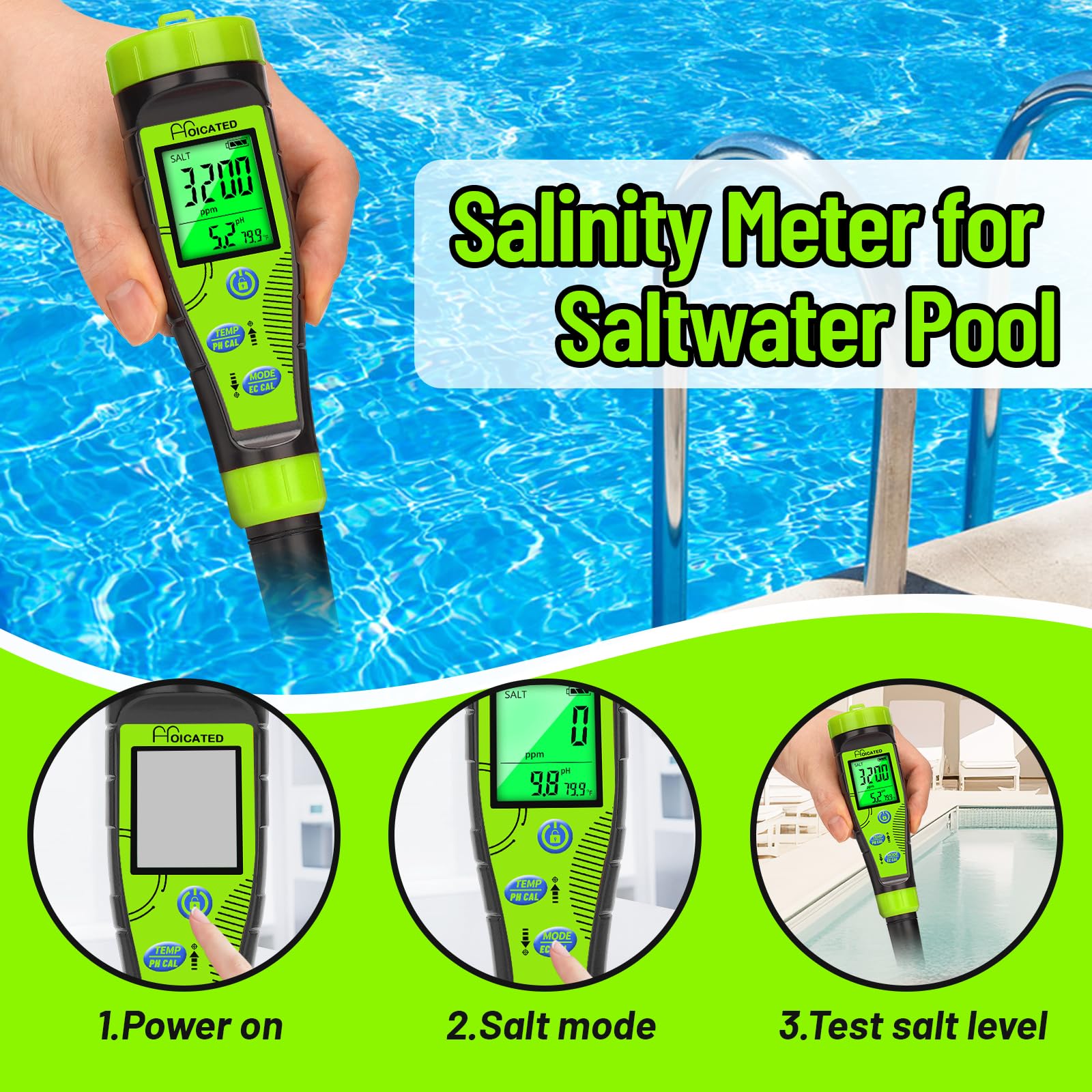 HOICATED Digital Pool Salt Tester for Swimming Pool Large Simultaneous Screen Salinity pH Meter for Koi Pond Aquarium Fish Tank Hot Tub EC Tester for Indoor Garden Hydroponics Water Quality Tester