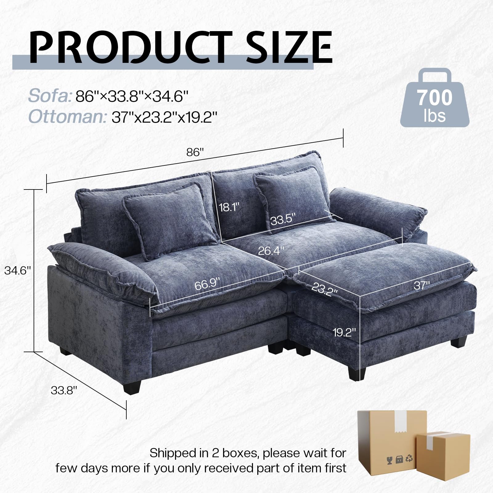 OQQOEE Sectional Sofa Modular Cloud Couch Upholstered Deep Seat Cloud Sofas with Ottoman Comfy Chenille Sofa Sleeper for Living Room,Apartment (Blue, Loveseat & Ottoman)