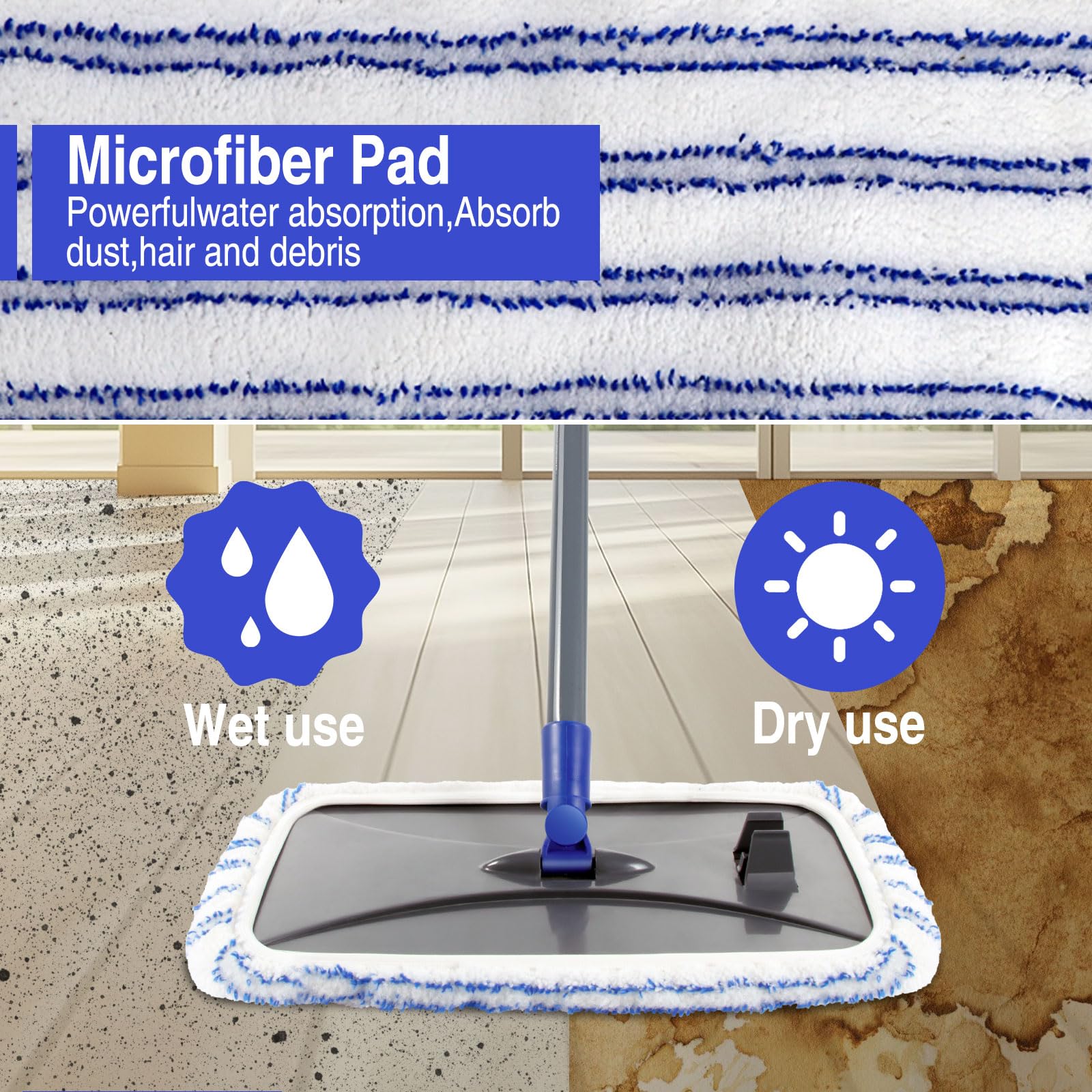 MASTERTOP Microfiber Mops for Floor Cleaning, Extra Large Industrial Mop,Floor Commercial Mop for Wet & Dry Use, Flat Mop for Hardwood, Vinyl, Laminate, Tile Floors, 5 Reusable & Washable Mop Refills