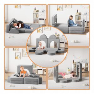 Neoriver Kids Couch, 12PCS Modular Kids Play Couch with 2 Pillows and Tunnel, Fold Out Toddler Couch for Playroom Bedroom, Creative Kids Sectional Foam Sofa for Boys and Girls, Grey