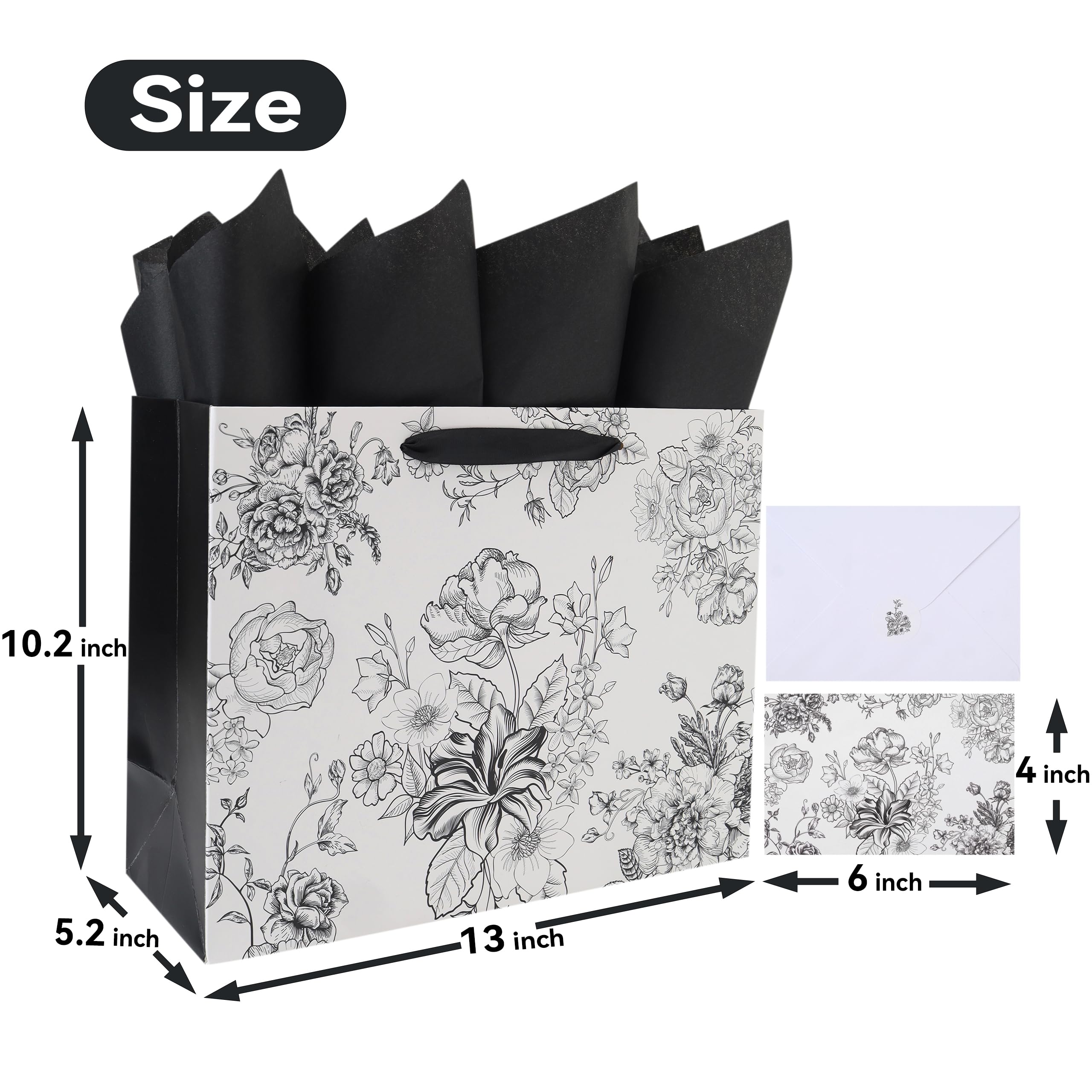 13” Large Sketched Flowers Gift Bag Set with Handles, Greeting Card, Tissue Papers and Stickers for Women Girls for Birthday, Wedding, Anniversary and Mother’s Day, Black Flowers Design, 1 Pcs