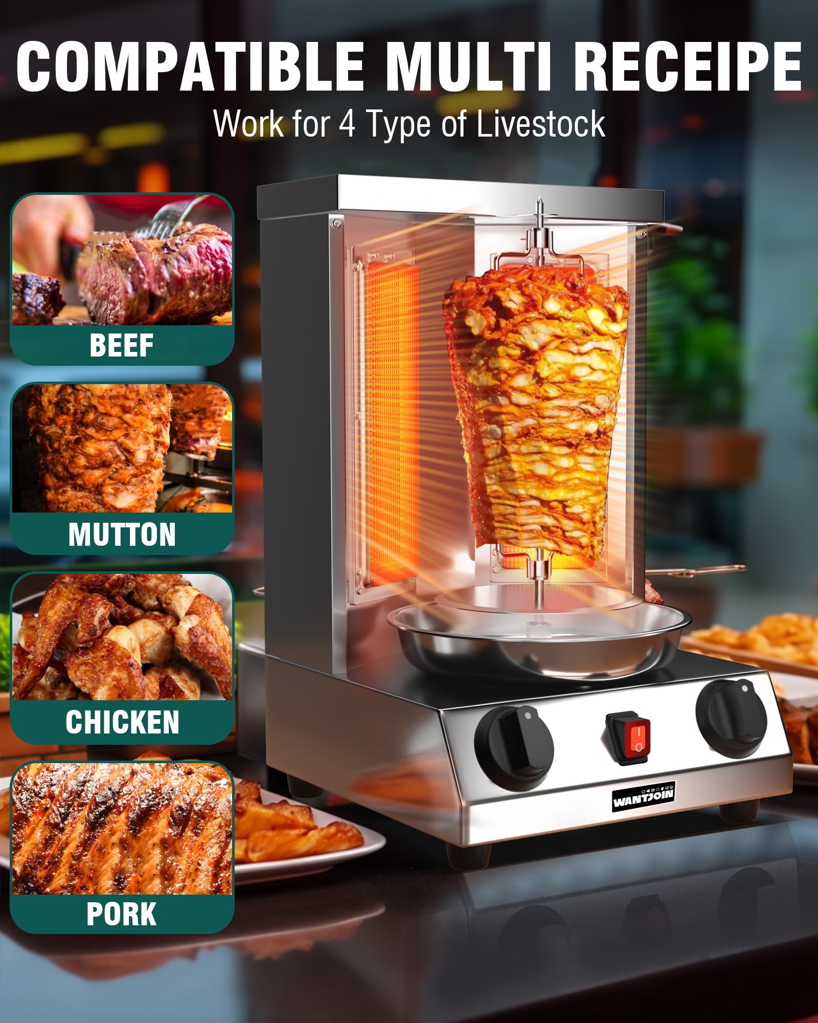 WantJoin Shawarma Grill Machine, Gas Vertical Rotisserie with 2 Burners for Home, Countertop Rotating Doner Kebab Oven Broiler Gyro Maker with Shovel, 11.6 * 11.8 * 19 inches, 110V