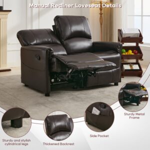 TUNYI 48.2" Loveseat Recliner RV Sofa - Double Manual Recliner Loveseat Glossy Leather Reclining Loveseat RV Furniture with 1" Leg and Side Pocket for Living Room/Apartment/RV (Brown)