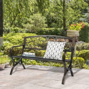 Butterfly Back Cross Feet Bronze Iron Bench, Powder-Coated Iron Outdoor Garden Bench, 50 x 23.82 x 33.27 inches, Bronze