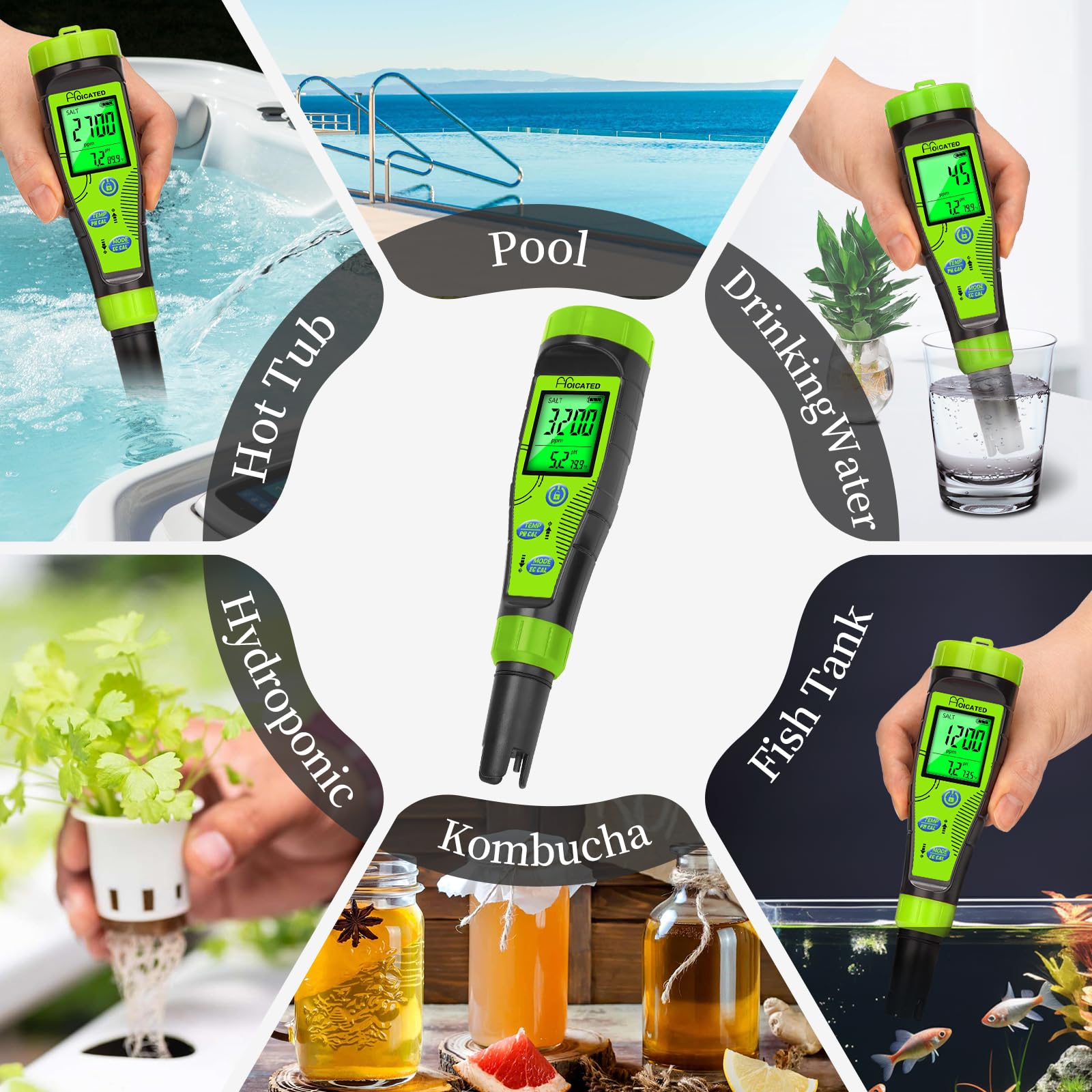 HOICATED Digital Pool Salt Tester for Swimming Pool Large Simultaneous Screen Salinity pH Meter for Koi Pond Aquarium Fish Tank Hot Tub EC Tester for Indoor Garden Hydroponics Water Quality Tester