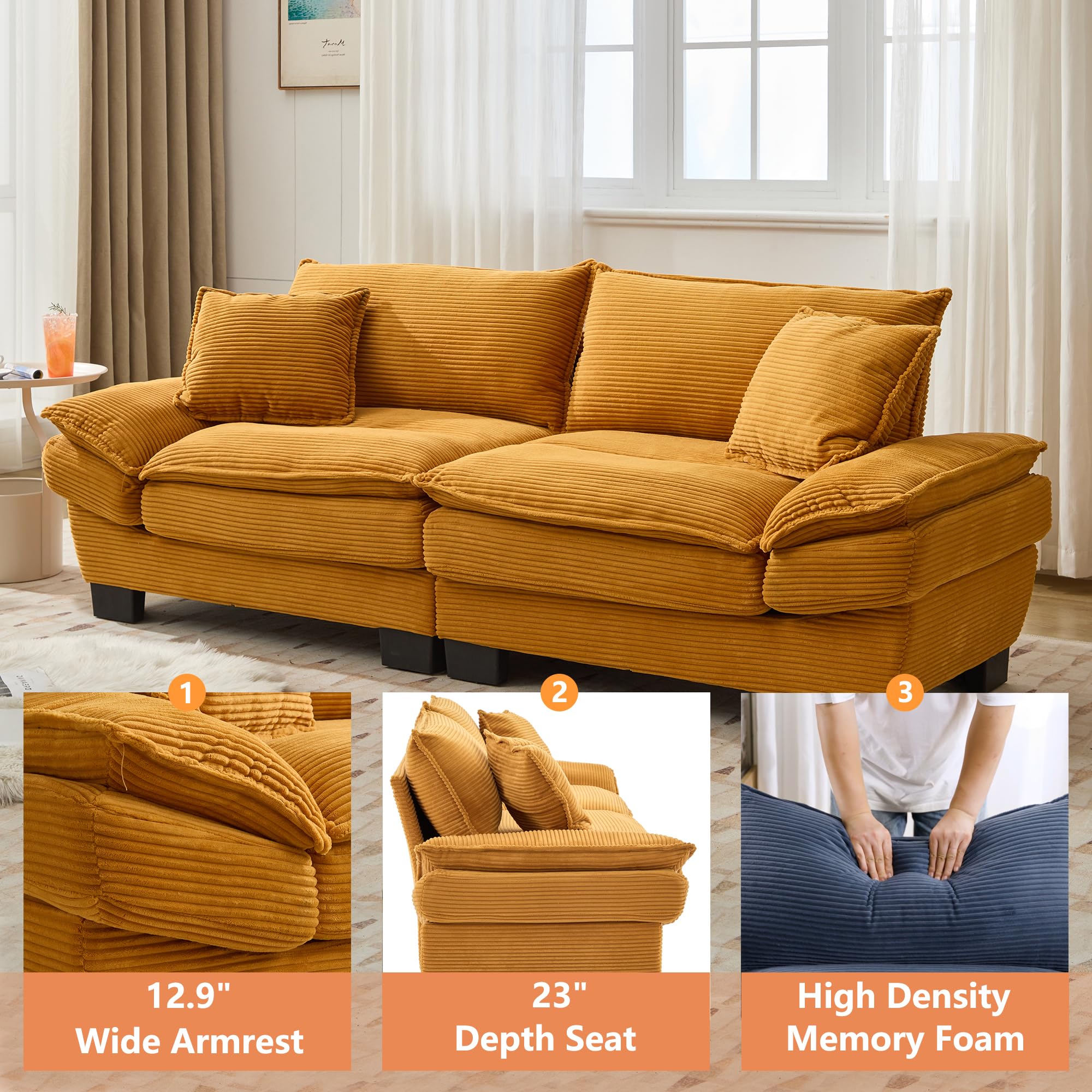 Anwick Loveseat Sofa 84" Deep Seat Corduroy Couch, Upholstered 2 Seater Sofa with Pillows, Modern Comfy Sofas for Living Room Bedroom Apartment (Yellow)