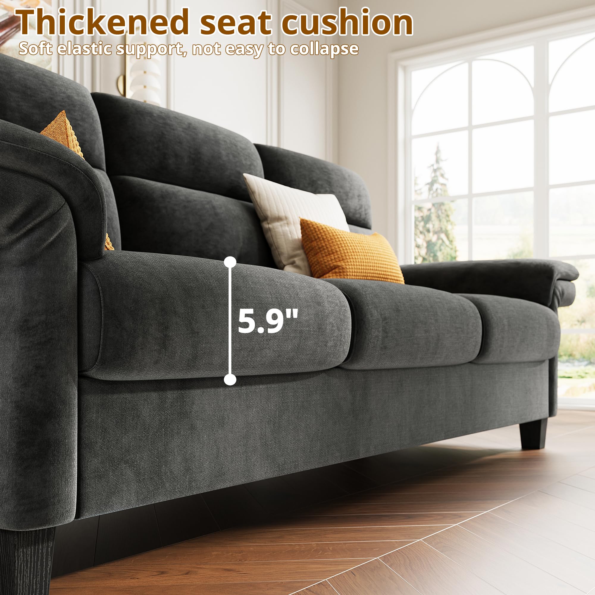 LIKIMIO 92 Inch Sofa, Comfy Lounge Couch with Adjustable armrests, Extra Deep Seats 3 Seater Sofa, Modern Couches for Living Room/Apartment, Easy Assembly, Gray Chenille