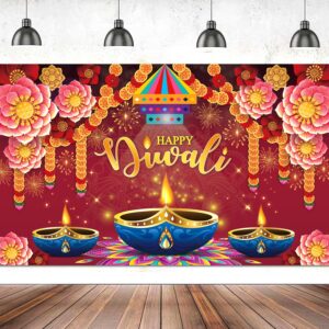 large 71" x 43" happy diwali backdrop, red happy diwali banner, diwali decorations for home, diwali banner decorations backdrop, celebration deepavali party decorations tineit