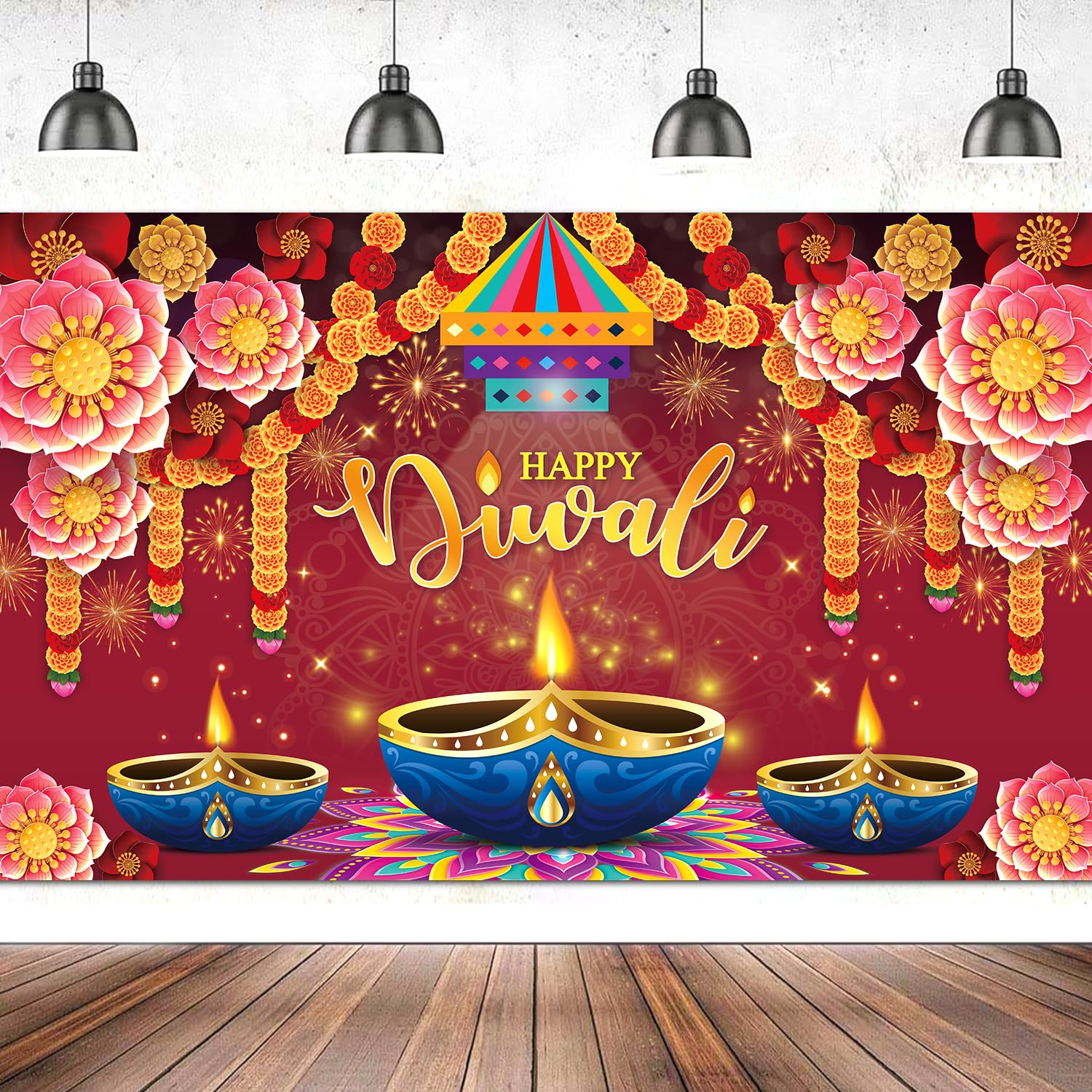 Large 71" X 43" Happy Diwali Backdrop, Red Happy Diwali Banner, Diwali Decorations for Home, Diwali Banner Decorations Backdrop, Celebration Deepavali Party Decorations tineit