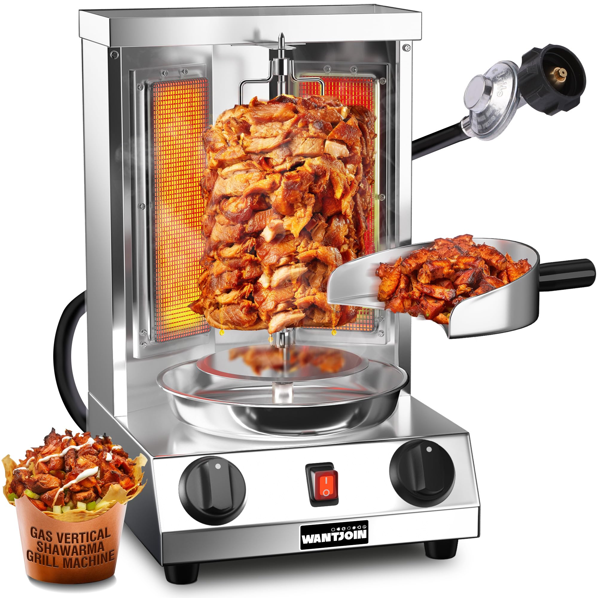 WantJoin Shawarma Grill Machine, Gas Vertical Rotisserie with 2 Burners for Home, Countertop Rotating Doner Kebab Oven Broiler Gyro Maker with Shovel, 11.6 * 11.8 * 19 inches, 110V