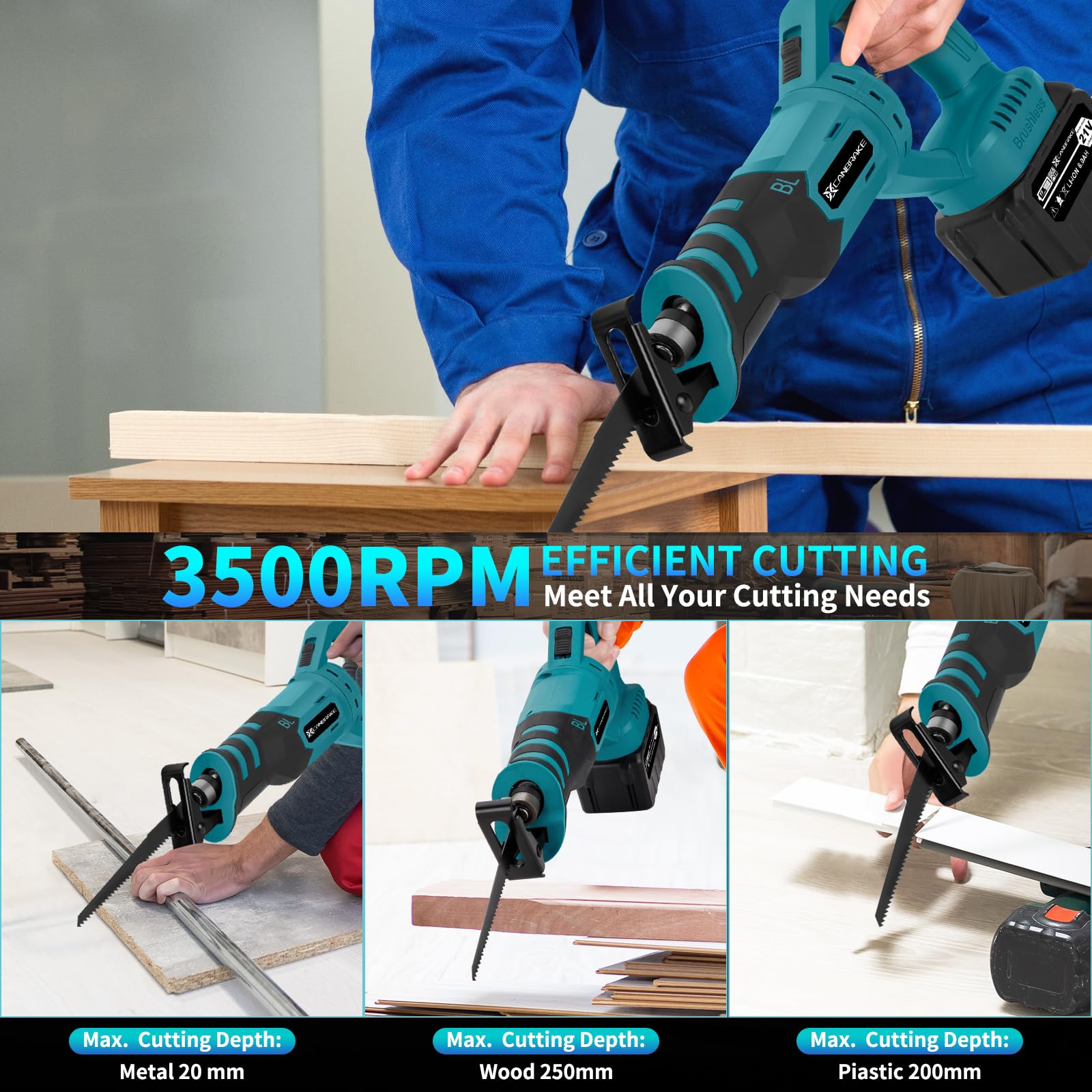 Cordless Reciprocating Saw with Rotated Handle, 2 x 6.0Ah Battery Brushless Power Reciprocating Saw with 12Pcs Blades, 28MM Reciprocating Stroke, Multiple Angles Cutting for Wood/Metal/PVC