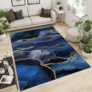 XUWEISI Luxurious Marble Area Rug Navy Blue 6x8 Bedroom Rugs, Modern Abstract Gold Foil Washable Rug for Living Room Room Sofa Home Decor Floor Mats