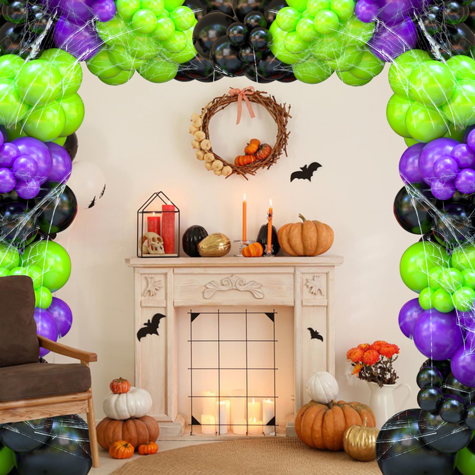 YAOWKY 135Pcs Halloween Balloons Garland Arch Kit, Black and Purple Lime Green Balloons with Spider Web for Halloween Birthday Party Decorations