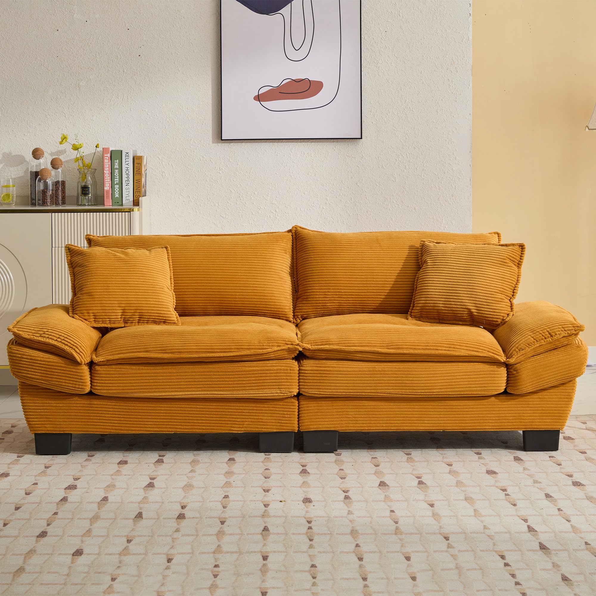 Anwick Loveseat Sofa 84" Deep Seat Corduroy Couch, Upholstered 2 Seater Sofa with Pillows, Modern Comfy Sofas for Living Room Bedroom Apartment (Yellow)