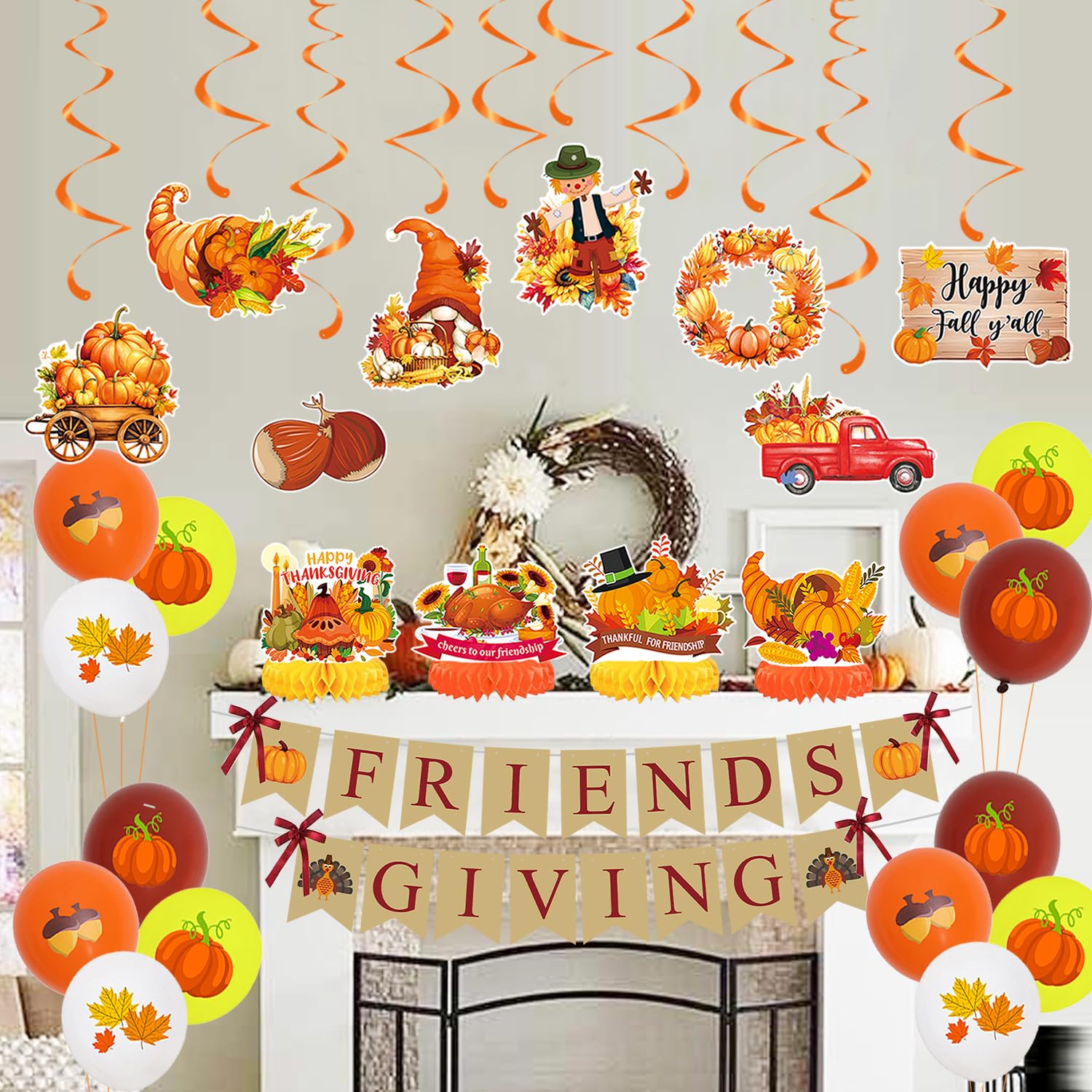 Friendsgiving Decorations Kit, Friendsgiving Party Decorations Thanksful for Friends Banner Backdrop, Happy Friendsgiving Honeycomb Centerpiece Hanging Swirls for Thanksgiving Decorations Indoor