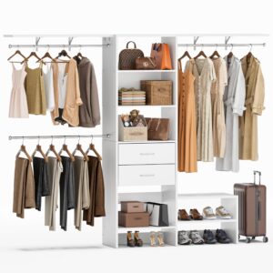 mjomkn 8ft closet system with drawers, walk-in closet organizer with 3 adjustable hanging rods, wood closet storage, heavy duty clothes rack, 96" l x 16" w x 75" h, adjustable wardrobe rack, white