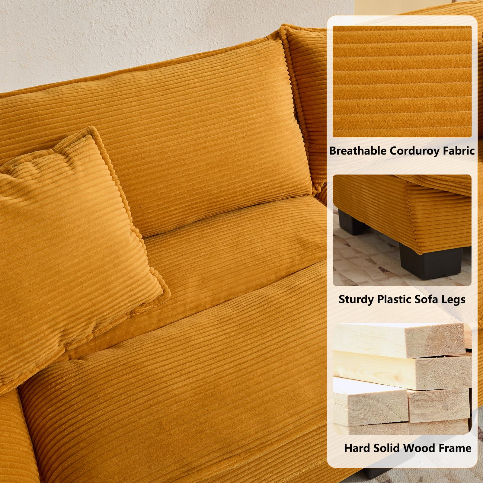 Anwick Loveseat Sofa 84" Deep Seat Corduroy Couch, Upholstered 2 Seater Sofa with Pillows, Modern Comfy Sofas for Living Room Bedroom Apartment (Yellow)