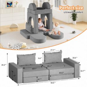 Neoriver Kids Couch, 12PCS Modular Kids Play Couch with 2 Pillows and Tunnel, Fold Out Toddler Couch for Playroom Bedroom, Creative Kids Sectional Foam Sofa for Boys and Girls, Grey