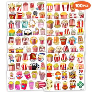 100 PCS Popcorn Corn Movie Night Themed Temporary Tattoos Birthday Party Decorations Favors Supplies Cute Circus Fake Tattoo Stickers Party Gifts for Children Girls Boys Home Activity School Rewards