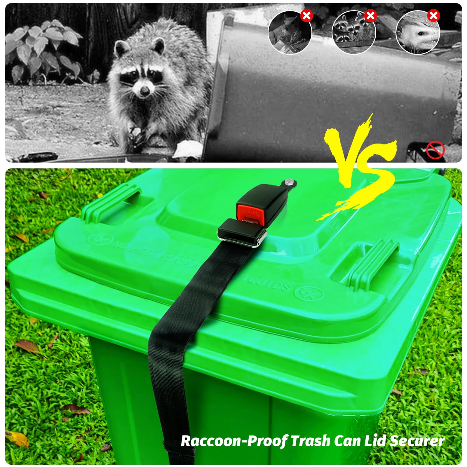 KIBBEH 1 Pack Semi-Automatic Trash Can Lock for Animals, Universal Garbage Bin Lid Locking Strap, Raccoon-Proof Trash Can Lid Securer, Easy One-Hand Release