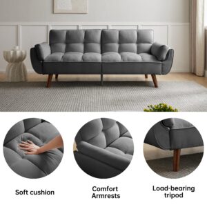 HIPIHOM Convertible Futon Sofa Bed, 74.8″Fabric Futon Couch with 3 Levels Adjustable Backrest, Folding Futon Sleeper Sofa for Living Room, Apartment, Office, Guest Room (Grey)