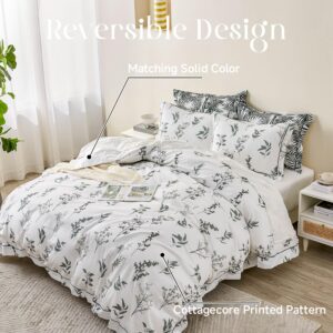 Simple&Opulence 100% Cotton Duvet Cover Set King Size, 3Pcs White Floral Botanical Printed Comforter Cover Set with Button Closure, Soft Breathable Bedding with Linen Trim for All Seasons