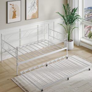 IDEALHOUSE Twin Bed with Pull Out Trundle, Metal Twin Daybed and Trundle Set, Day Bed Sofa Bed Frame with Steel Slat Support, Multifunctional Daybed Frame for Bedroom, Living Room, Guest Room