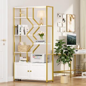 keyluv 76" tall gold bookshelf with storage cabinet door, multifunctional open display bookcase, large book shelf etagere staggered for living room, home office, heavy duty metal & wood, modern white