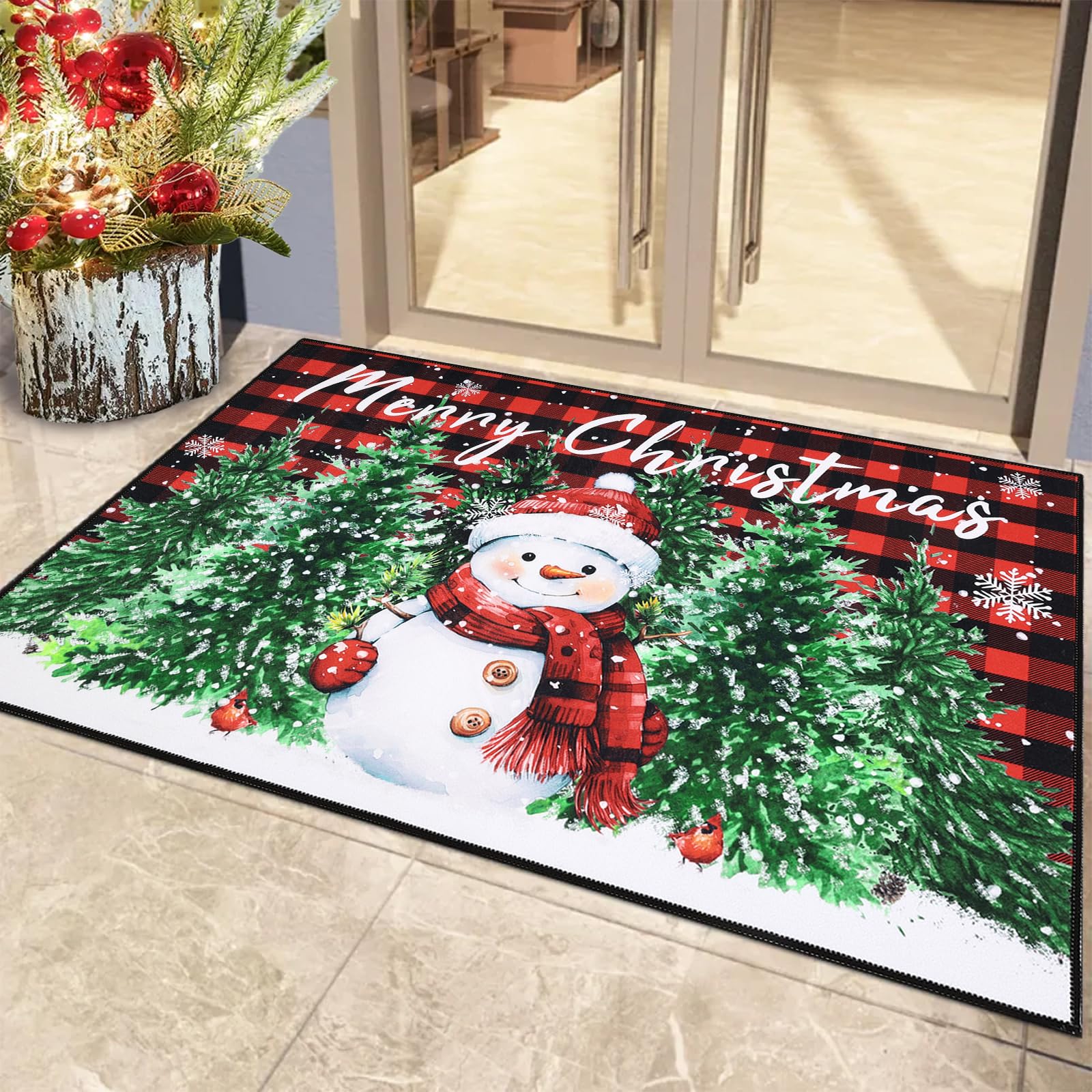 SHACOS Christmas Doormat Washable Non-Slip Christmas Red and Black Plaid and Snowman Doormats, Winter Xmas Tree Low Profile Entrance Floor Mat Merry Christmas Decorations for Home, 32"x48"