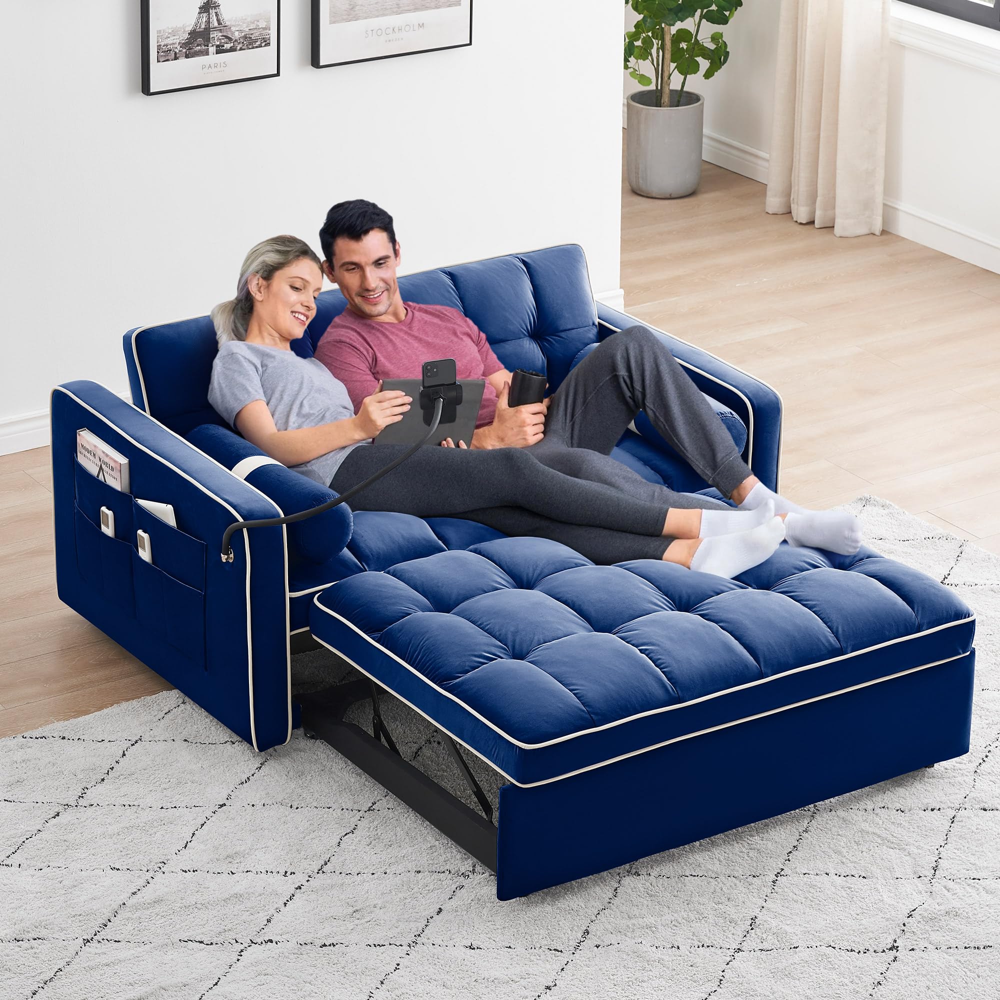 SLEERWAY Convertible Sofa Bed, 3-in-1 Sleeper Sofa with Pull-Out Bed, Velvet Futon Couch with Adjustable Backrest and Side Pocket, Modern Loveseat for Living Room Apartment, Blue