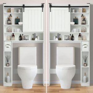 YOCONYO Over The Toilet Storage Cabinet, Farmhouse Over Toilet Cabinet Included Sliding Barn Door,Toilet Paper Holder Stand and Adjustable Bottom Bar, Freestanding Toilet Rack for Bathroom,White