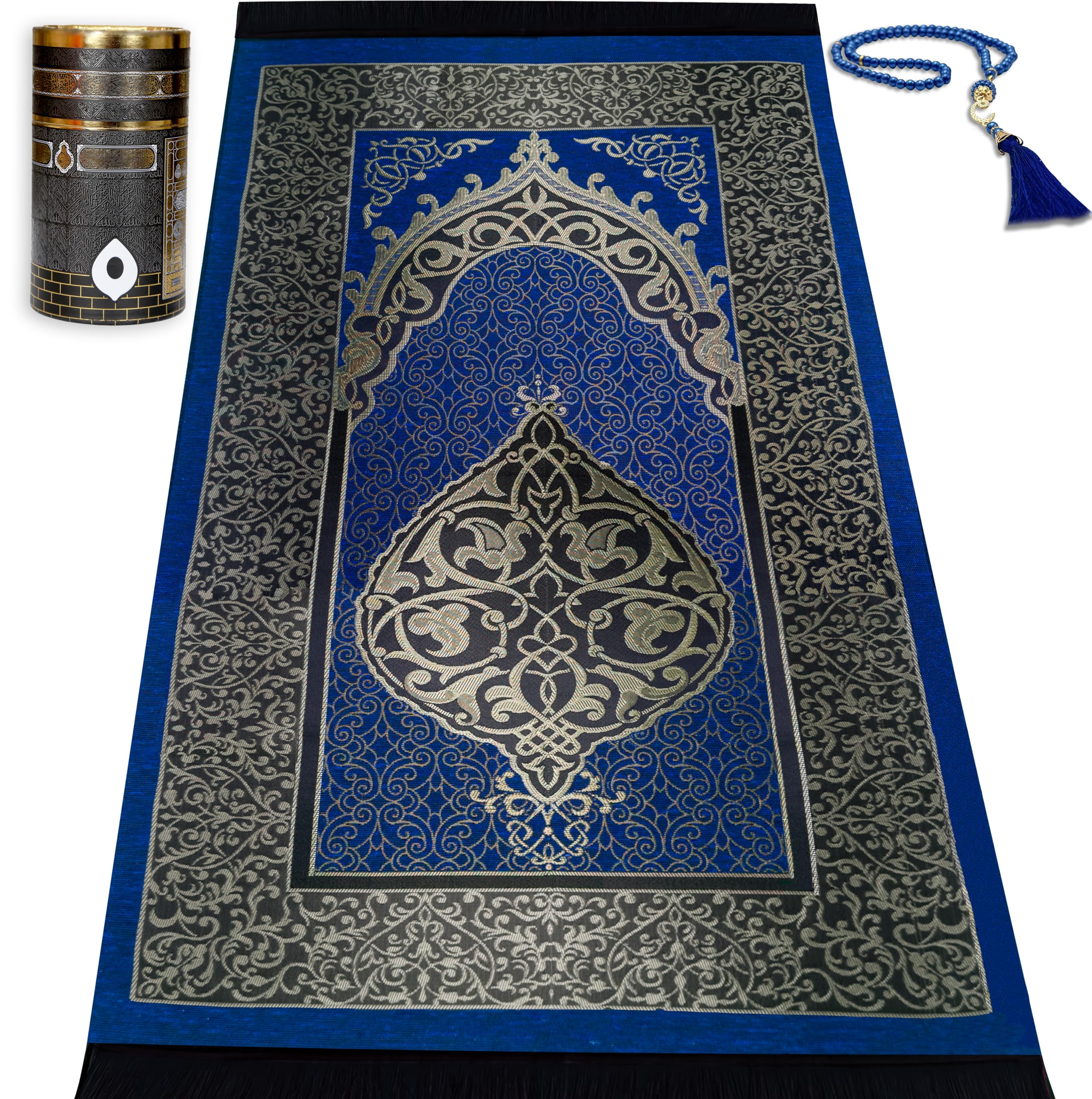 Kapobia Muslim Prayer Rug Islam and Beads, Kaabe Design Box Eid Ramadan Gifts Islamic Set Carnal Salah Mat Taffeta Fabric Black Soft Prayer Mats Men and Women (Blue)