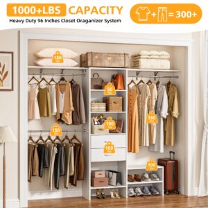 MJOMKN 8FT Closet System with Drawers, Walk-In Closet Organizer with 3 Adjustable Hanging Rods, Wood Closet Storage, Heavy Duty Clothes Rack, 96" L x 16" W x 75" H, Adjustable Wardrobe Rack, White