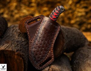 leather knife sheath for belt, slanted pancake style, tooled leather, cowboy bull cutter cover, cross draw, handmade stitched with 100% real leather (dark brown)