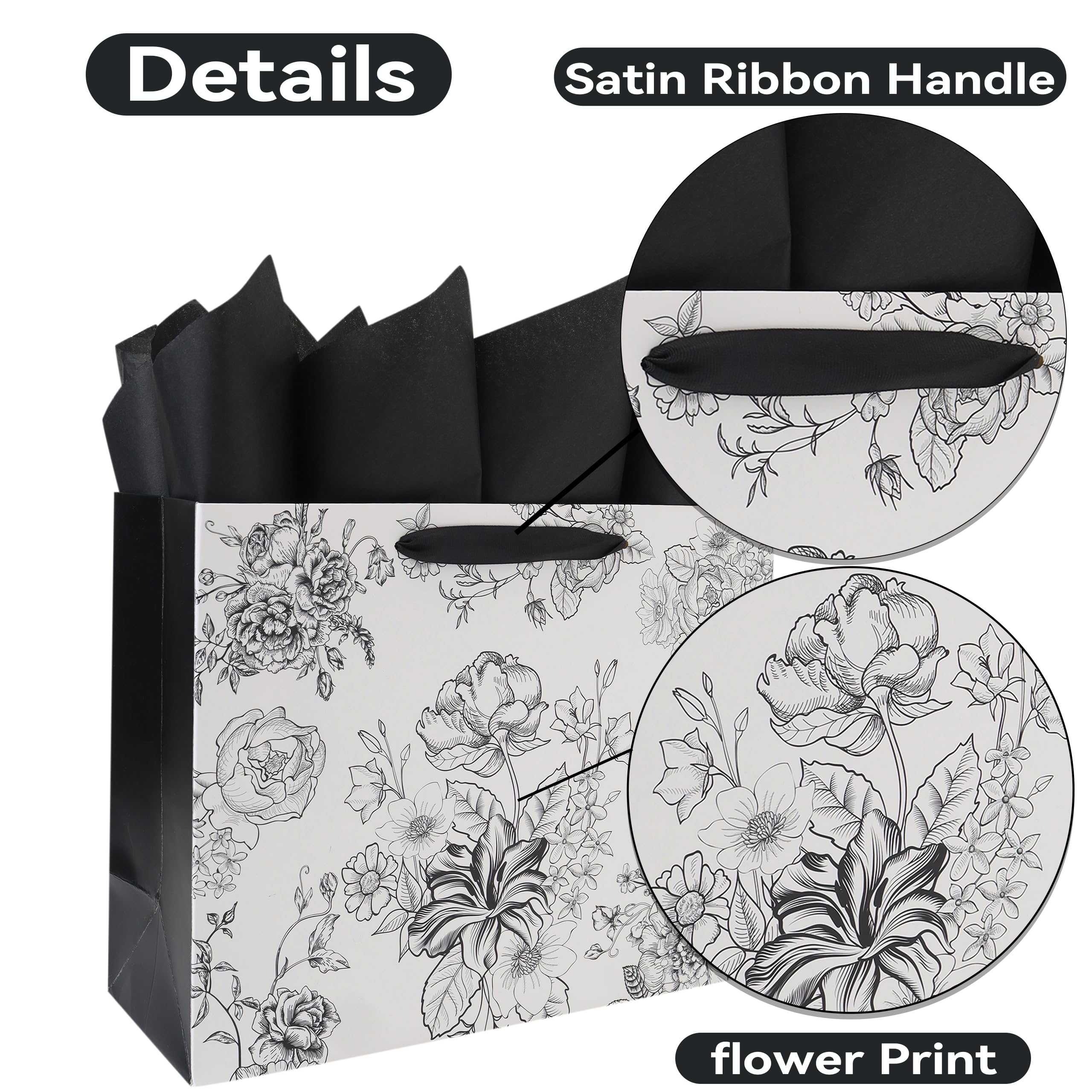 13” Large Sketched Flowers Gift Bag Set with Handles, Greeting Card, Tissue Papers and Stickers for Women Girls for Birthday, Wedding, Anniversary and Mother’s Day, Black Flowers Design, 1 Pcs