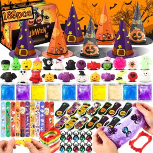 169 pcs halloween party favors for kids, 24 pack halloween slime and kawaii mochi squishy fidget toys bulk stuffer witch hat, non candy halloween treats bags filler classroom favors