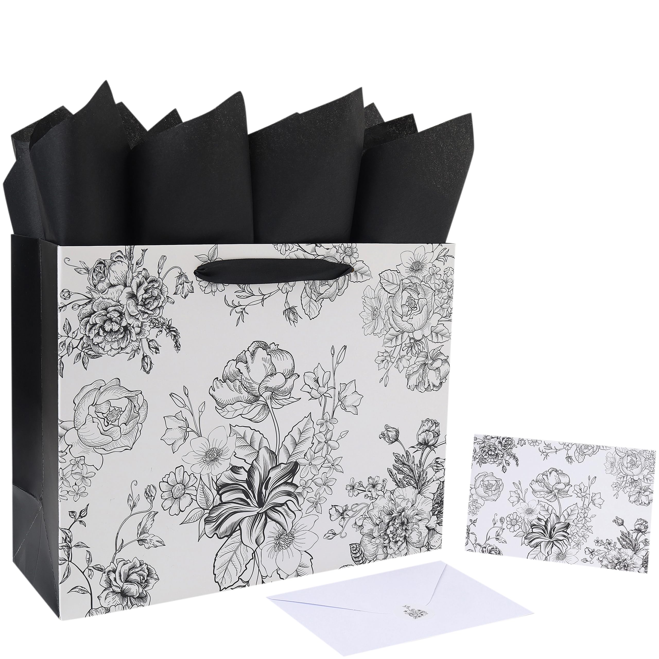 13” Large Sketched Flowers Gift Bag Set with Handles, Greeting Card, Tissue Papers and Stickers for Women Girls for Birthday, Wedding, Anniversary and Mother’s Day, Black Flowers Design, 1 Pcs