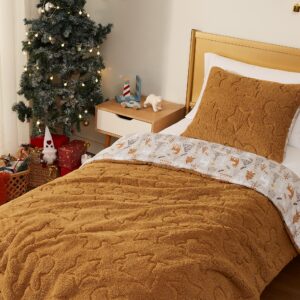 Wink Deer Plush Sherpa Twin Comforter Set for Girls Boys,Fluffy Gingerbread Man Brown 2-Piece Reversible Kids Bedding Set with Cute Prints, Soft and Warm Comforter for Winter