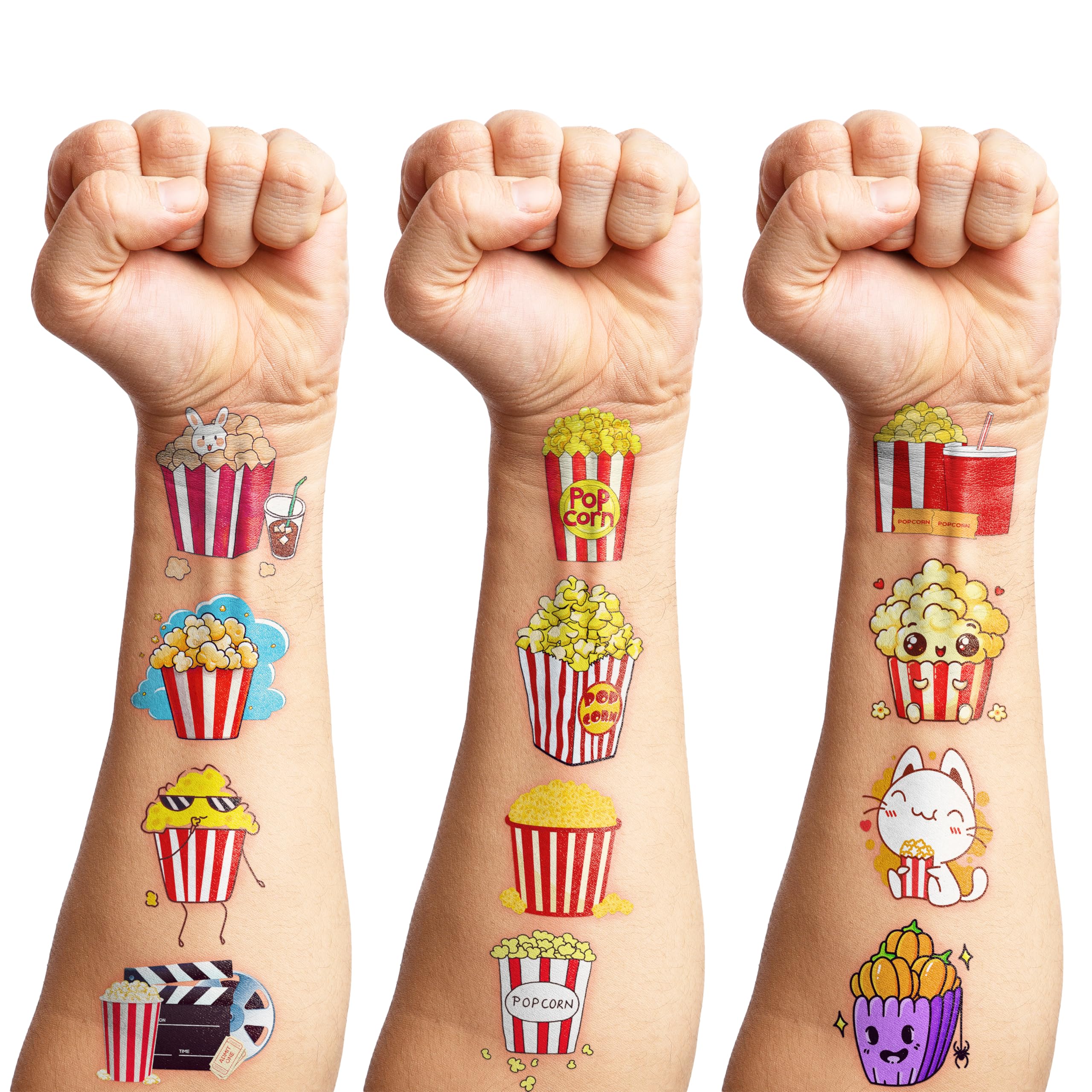 100 PCS Popcorn Corn Movie Night Themed Temporary Tattoos Birthday Party Decorations Favors Supplies Cute Circus Fake Tattoo Stickers Party Gifts for Children Girls Boys Home Activity School Rewards