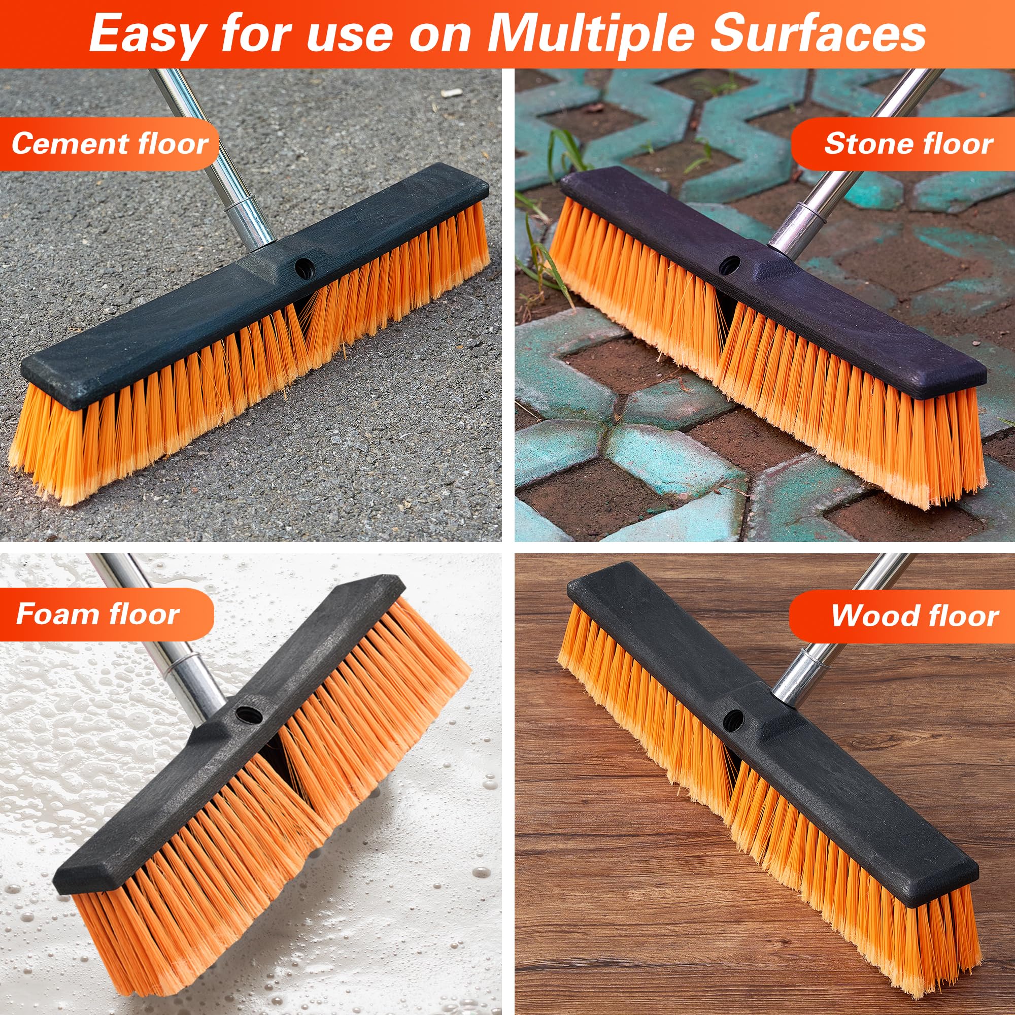 LUCHIA 18” Heavy Duty Push Broom with 65” Adjustable Stainless Steel Handle | Flagged Bristles for Indoor & Outdoor Broom for Floor Cleaning with Brooms, Gloves & Cloth | Orange