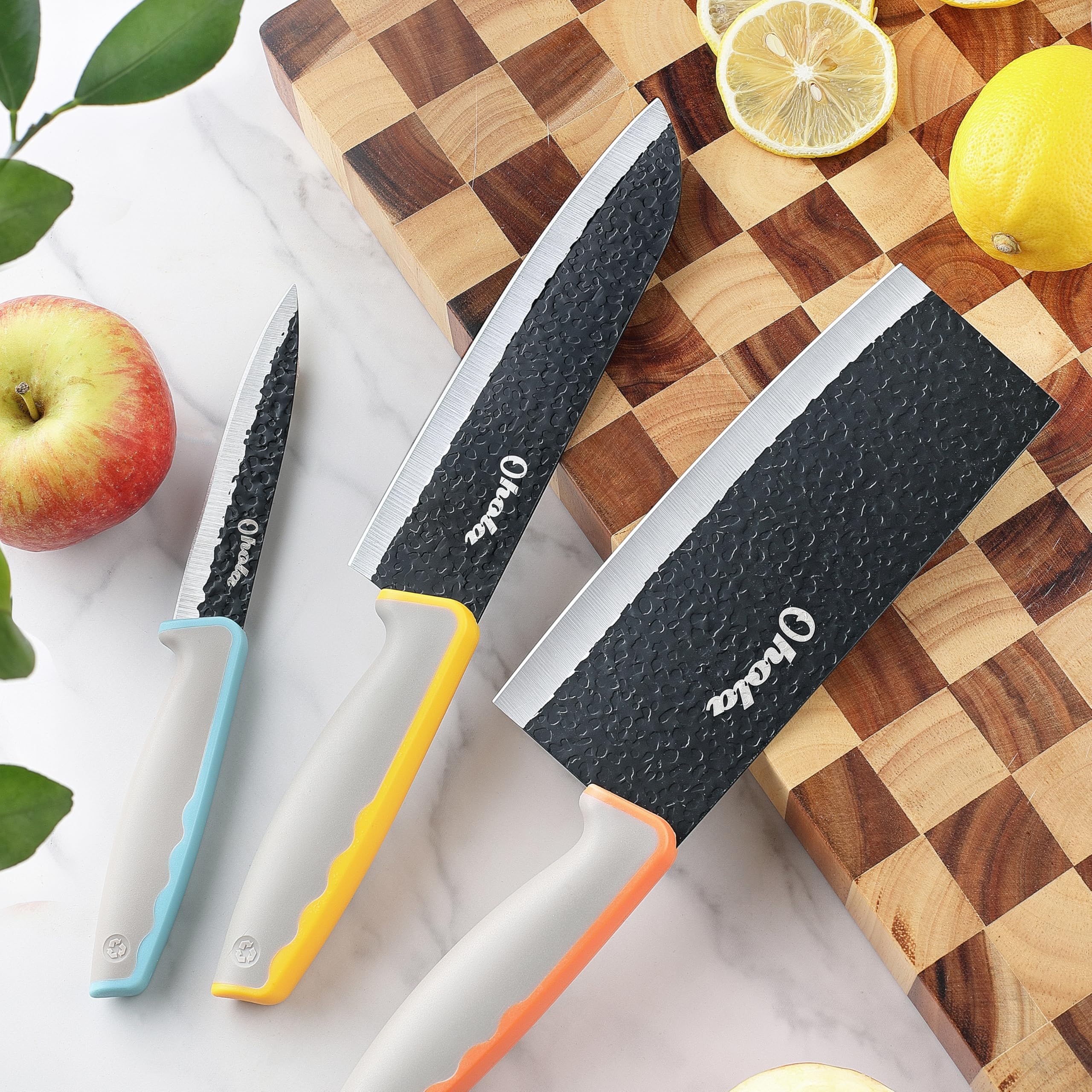 3PCS Kitchen Knvies, Includes 7 inch Chef Knife, 7 inch Cleaver Knife and 4.5 inch Boning Knife, Stainless Steel Blade with Ergonomic Rubber Handle, Dishwasher Safe (Orange, Yellow, Blue)