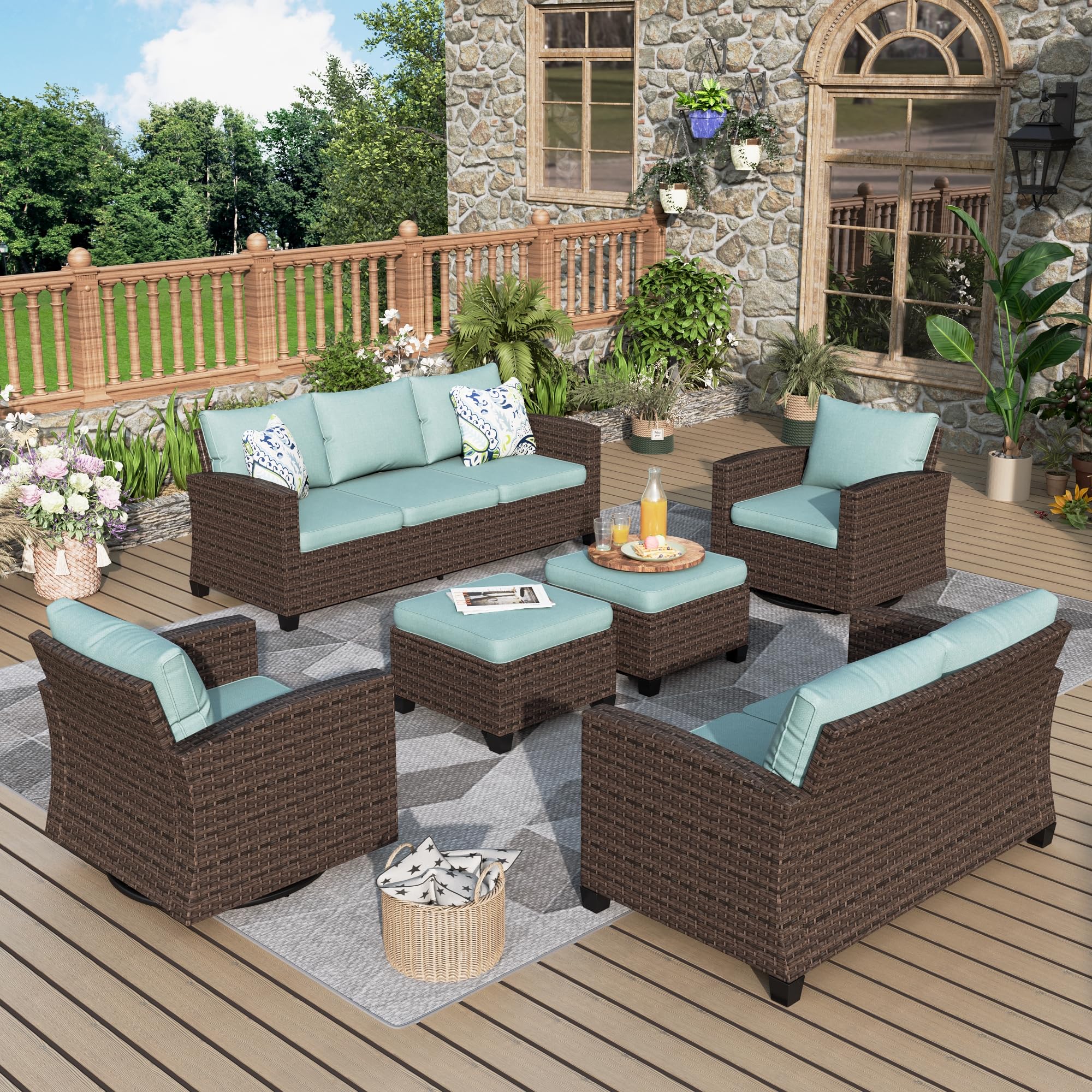 MIXPATIO Patio Furniture Set, 6 Pcs Wicker Outdoor Conversation Set, 2 x Swivel Chairs, 1 x 3 Seater Sofa, 1 x 2-Seat Lover Sofa and 2 x Ottomans with 4" Thick Cushion for Garden Backyard Deck, Blue