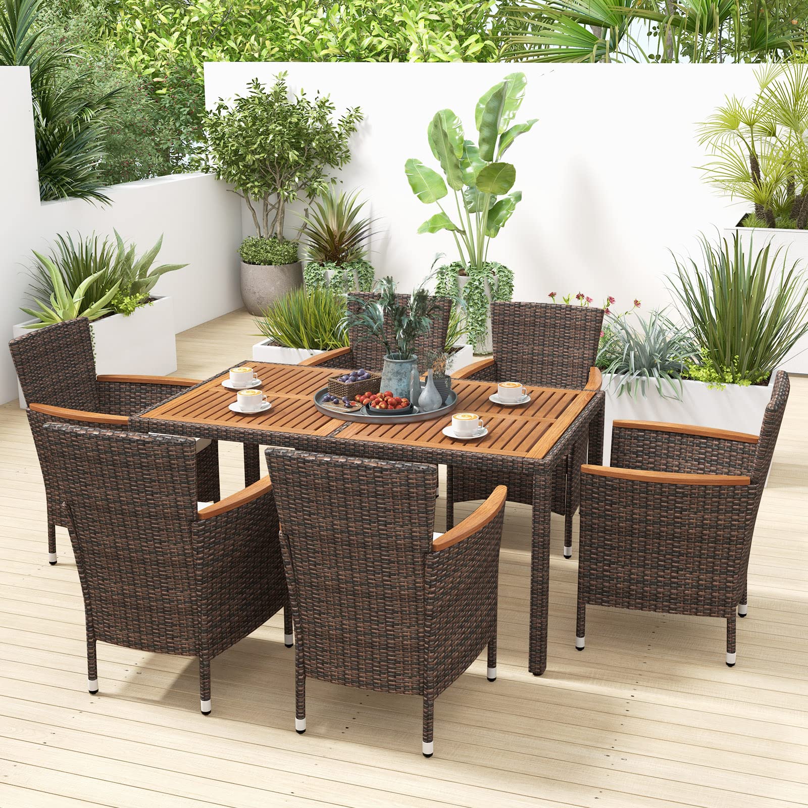 Toolsempire 7 Pieces Patio Wicker Dining Set Outdoor Dining Set, Patio Furniture Set with Acacia Wood Table and Chairs, Garden Dining Table Set for Desk, Poolside, Backyard (Brown)