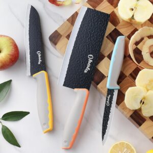 3PCS Kitchen Knvies, Includes 7 inch Chef Knife, 7 inch Cleaver Knife and 4.5 inch Boning Knife, Stainless Steel Blade with Ergonomic Rubber Handle, Dishwasher Safe (Orange, Yellow, Blue)