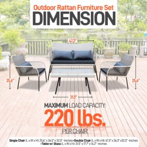 SereneLife SL4PCGR51.3 4 Pcs. Patio Outdoor Rattan Furniture Set-Includes 1 Double 2 Single Chairs with Soft Cushion, and 1 Glass-top Coffee Table Gray, Light Grey