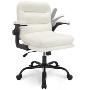 vecelo ergonomic swivel office desk chair with flip-up armrest and adjustable height, lumbar support & pu leather thickened cushion, for computer task work, white